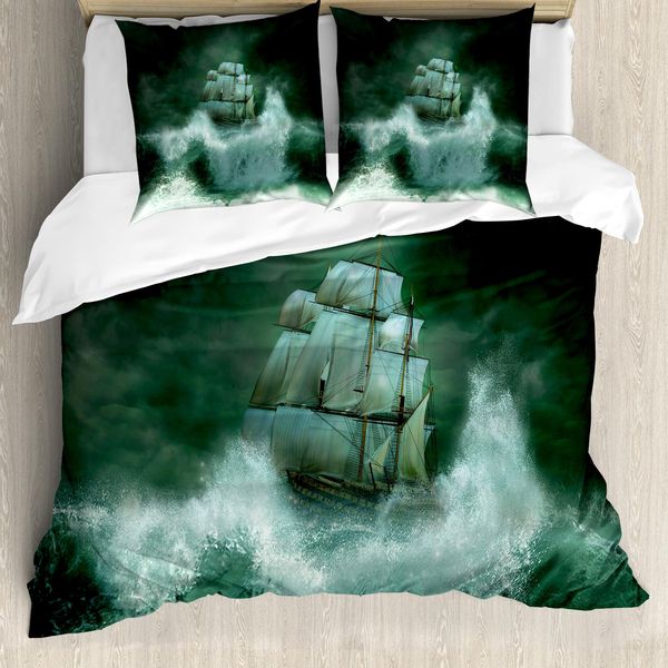 Abakuhaus Set Copripiumino Nave Pirata Per Letti Matrimoniali, Tempesta, Antiacaro Adatto A Chi Soffre Di Allergie Con Federe, Verde Giada Verde Scuro Bianco-image