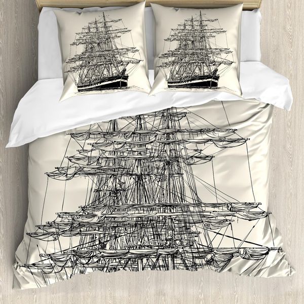 Abakuhaus Copripiumino Piratenschiff, Segelboot-Weinlese, Antiacaro, Adatto A Chi Soffre Di Allergie, Con Federe, 155 Cm X 220 Cm - 80 X 80 Cm, Crema-Nero-image