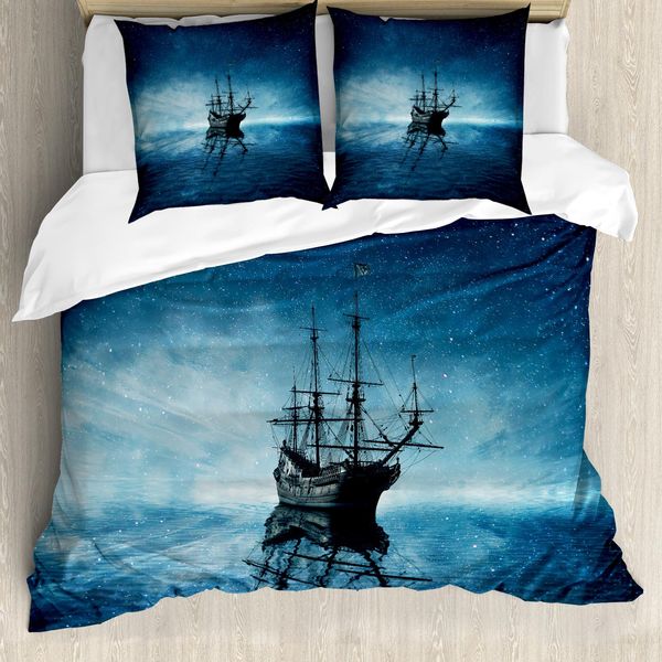 Abakuhaus Copripiumino Piratenschiff, Night Sky Ozean, Antiacaro, Adatto A Chi Soffre Di Allergie, Con Federe, 200 Cm X 200 Cm - 80 X 80 Cm, Azzurro Pallido Blu Scuro-image