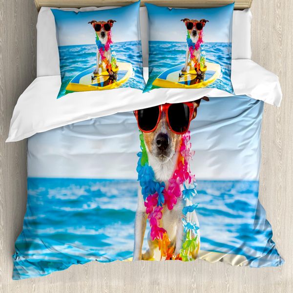 Abakuhaus Cavalca L'onda Copripiumino, Cane Nell'oceano, Antiacaro, Adatto A Chi Soffre Di Allergie, Con Federe, 200 Cm X 200 Cm - 80 X 80 Cm, Blu Giallo-image