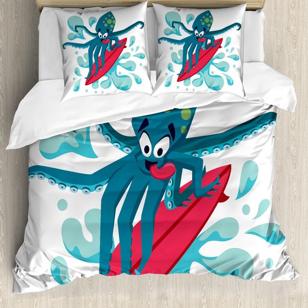 Abakuhaus Cavalca L'onda Copripiumino, Surfer Octopus, Antiacaro, Adatto A Chi Soffre Di Allergie, Con Federe, 200 Cm X 200 Cm - 80 X 80 Cm, Blu Petrolio Turchese-image