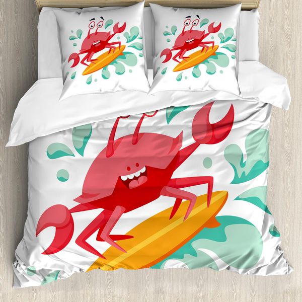 Abakuhaus Cavalca L'onda Copripiumino, Granchio Cartoon, Antiacaro, Adatto A Chi Soffre Di Allergie, Con Federe, 155 Cm X 220 Cm - 80 X 80 Cm, Arancione Scuro Corallo Menta-image