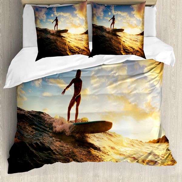 Abakuhaus Cavalca L'onda Copripiumino, Sunset Surf Donna, Antiacaro, Adatto A Chi Soffre Di Allergie, Con Federe, 155 Cm X 220 Cm - 80 X 80 Cm, Blu Seppia-image