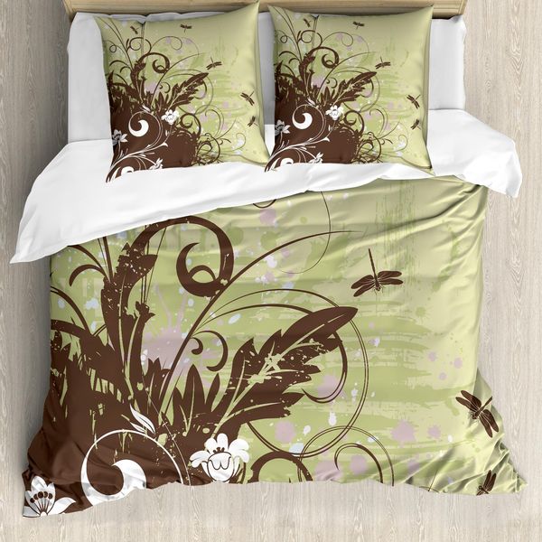 Abakuhaus Copripiumino Libelle, Retro Flower Grunge, Antiacaro, Adatto A Chi Soffre Di Allergie, Con Federe, 155 Cm X 220 Cm - 80 X 80 Cm, Kaki Marrone Lilla-image