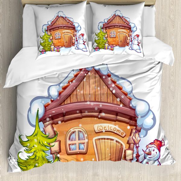 Abakuhaus Copripiumino Natalizio, Casa Caricaturale, Antiacaro, Adatto A Chi Soffre Di Allergie, Con Federe, 155 Cm X 220 Cm - 80 X 80 Cm, Caramello Verde Bianco-image