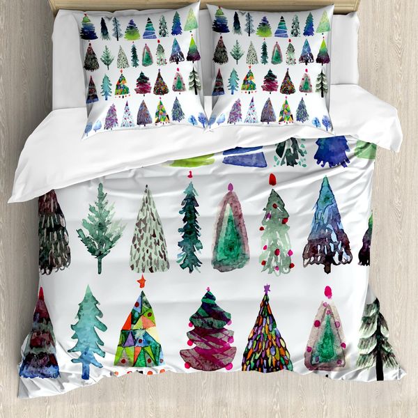 Abakuhaus Copripiumino Natalizio, Albero Di Natale Acquerellato, Antiacaro, Adatto A Chi Soffre Di Allergie, Con Federe, 200 Cm X 200 Cm - 80 X 80 Cm, Multicolore-image