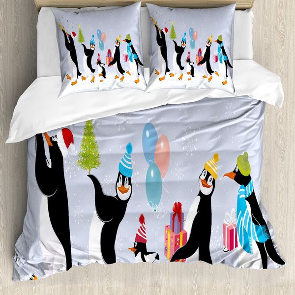 Abakuhaus Set Copripiumino Natalizio Per Letti Matrimoniali, Simpatici Pinguini Con Cappellini, Antiacaro, Adatto A Chi Soffre Di Allergie, Con Federe, Multicolore-image