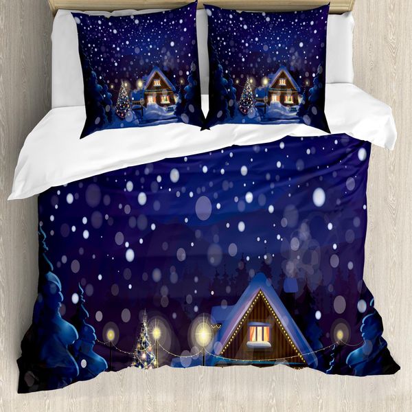 Abakuhaus Set Copripiumino Natalizio Per Letti Matrimoniali, Bokeh Snow Winter, Antiacaro, Adatto A Chi Soffre Di Allergie, Con Federe, Blu Navy E Multicolore-image