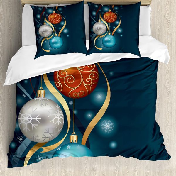 Abakuhaus Copripiumino Natalizio, Vivid Balls Ribbons, Antiacaro E Anallergico, Con Federe, 155 Cm X 220 Cm - 80 X 80 Cm, Blu Petrolio, Grigio, Rosso-image
