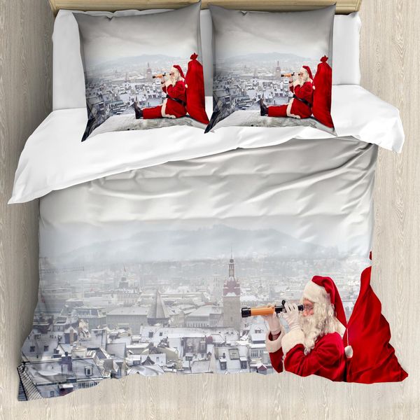 Abakuhaus Set Copripiumino Natalizio Per Letti Matrimoniali, Babbo Natale Sul Tetto, Antiacaro, Adatto A Chi Soffre Di Allergie, Con Federe, Grigio Chiaro E Rosso-image
