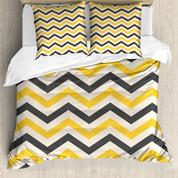 Abakuhaus Copripiumino Yellow Chevron, Grandi Zigzag, Antiacaro, Adatto A Chi Soffre Di Allergie, Con Federe, 200 Cm X 200 Cm - 80 X 80 Cm, Grigio Antracite Giallo-image