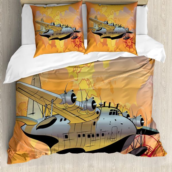 Abakuhaus Copripiumino Weinlese-Flugzeug, Retro Seaplane, Antiacaro, Adatto A Chi Soffre Di Allergie, Con Federe, 155 Cm X 220 Cm - 80 X 80 Cm, Multicolore-image