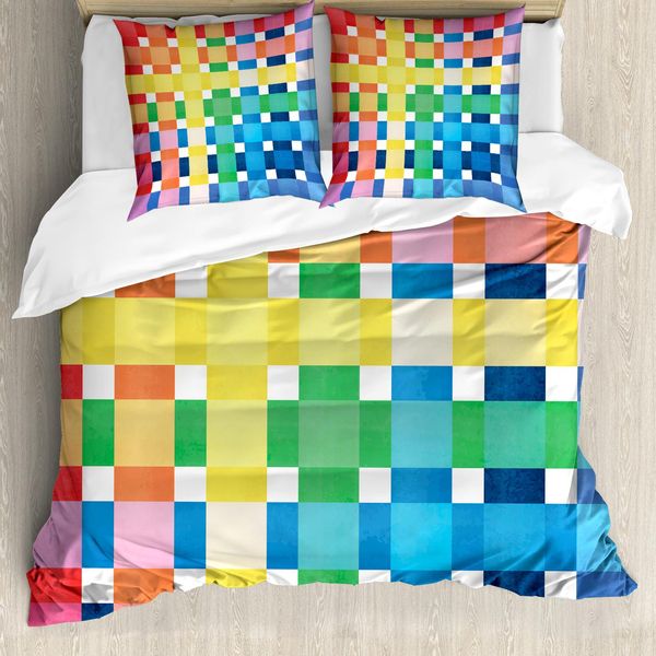 Abakuhaus Copripiumino A Quadri, Arcobaleno Quadrati Artistici, Antiacaro, Adatto A Chi Soffre Di Allergie, Con Federe, 200 Cm X 200 Cm - 80 X 80 Cm, Multicolore-image