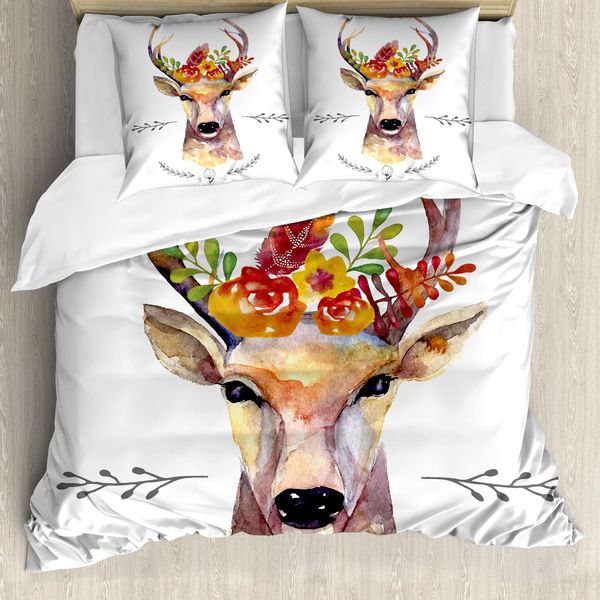 Abakuhaus Copripiumino Indie, Aquarell Deer Rustic, Antiacaro, Adatto A Chi Soffre Di Allergie, Con Federe, 155 Cm X 220 Cm - 80 X 80 Cm, Multicolore-image