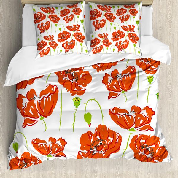 Abakuhaus Copripiumino WindröSchen, Doodle Poppies, Antiacaro, Adatto A Chi Soffre Di Allergie, Con Federe, 155 Cm X 220 Cm - 80 X 80 Cm, Arancione, Bianco, Verde Lime-image