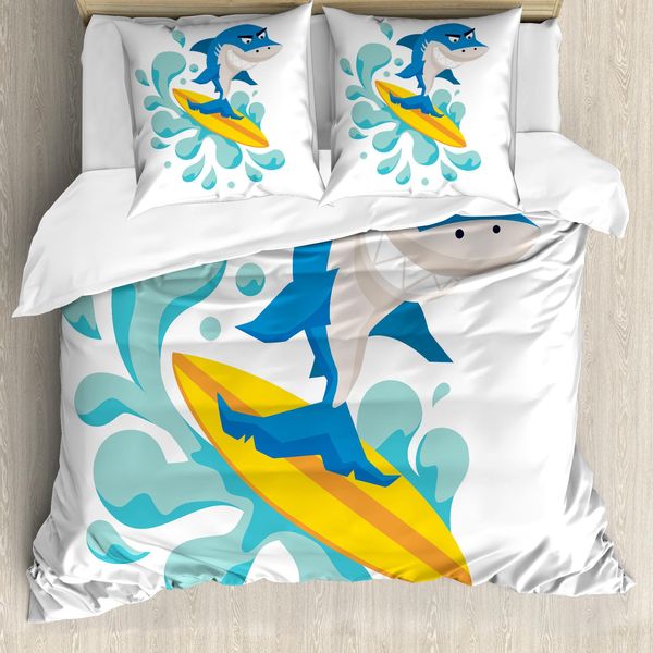 Abakuhaus Cavalca L'onda Copripiumino, Divertente Shark Surf, Antiacaro Adatto A Chi Soffre Di Allergie Con Federe, 200 Cm X 200 Cm - 80 X 80 Cm, Viola Blu Turchese-image