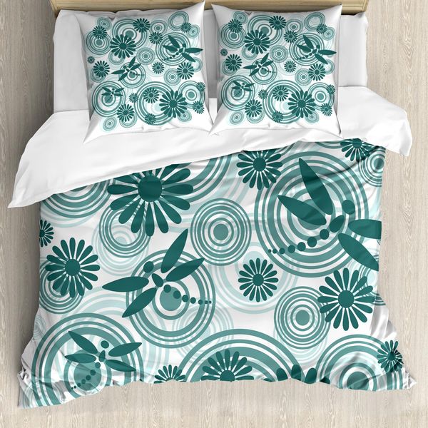 Abakuhaus Copripiumino Libelle, Motivo Astratto Con Margherite, Antiacaro, Adatto A Chi Soffre Di Allergie, Con Federe, 200 Cm X 200 Cm - 80 X 80 Cm, Blu Petrolio E Bianco-image