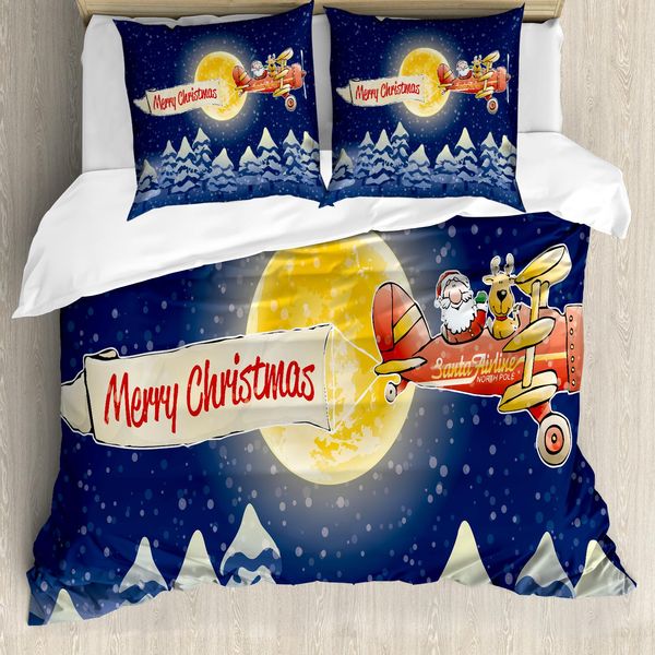 Abakuhaus Set Copripiumino Natalizio Per Letti Matrimoniali, Babbo Natale In Volo, Antiacaro, Adatto A Chi Soffre Di Allergie, Con Federe, Blu Scuro E Rosso Calendula-image
