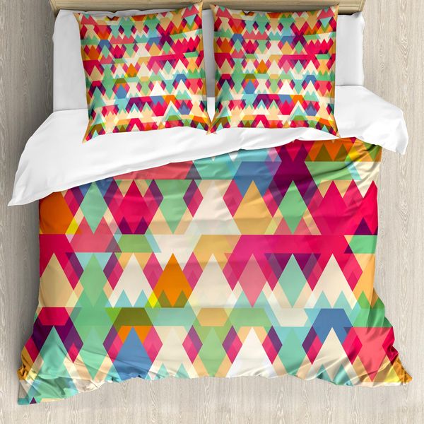 Abakuhaus Set Copripiumino Astratto Per Letti Matrimoniali, Triangoli Colorati Geometrici, Antiacaro, Adatto A Chi Soffre Di Allergie, Con Federe, Blu Cielo Scuro, Giallo, Melanzana-image