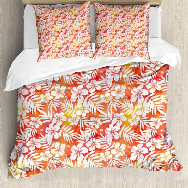 Abakuhaus Copripiumino Arancione, Fantasia Acquerello Aloha, Antiacaro, Adatto A Chi Soffre Di Allergie, Con Federe, 200 Cm X 200 Cm - 80 X 80 Cm, Yellow Coral Bianco-image