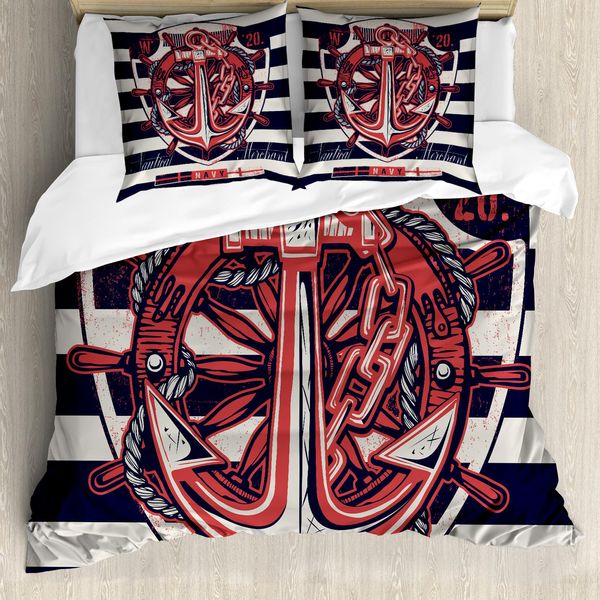 Abakuhaus Set Copripiumino Per Letti Matrimoniali, Simbolo Marittimo Marinaio Grunge, Antiacaro, Adatto A Chi Soffre Di Allergie, Con Federe, Blu Notte, Rosso Corallo E Beige-image