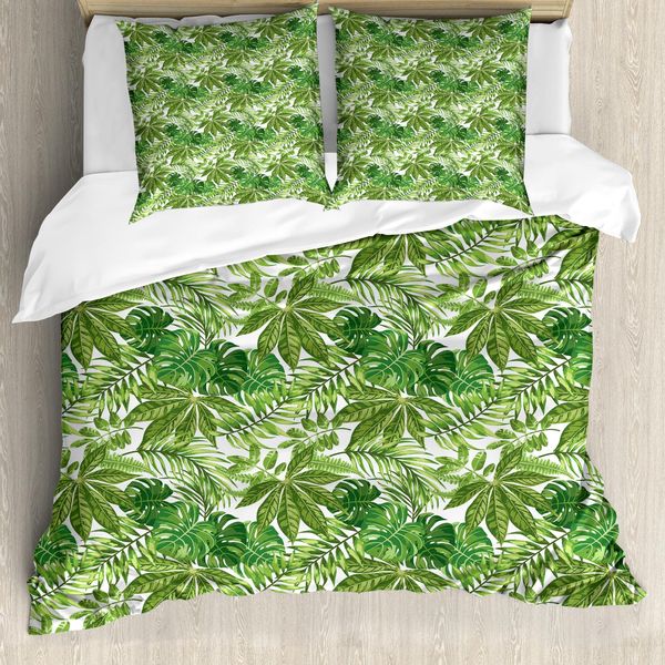Abakuhaus Copripiumino In Foglia Di Palma, Jungle Leaf Eco, Antiacaro, Adatto A Chi Soffre Di Allergie, Con Federe, 200 Cm X 200 Cm - 80 X 80 Cm, Verde Oliva Verde Bianco-image