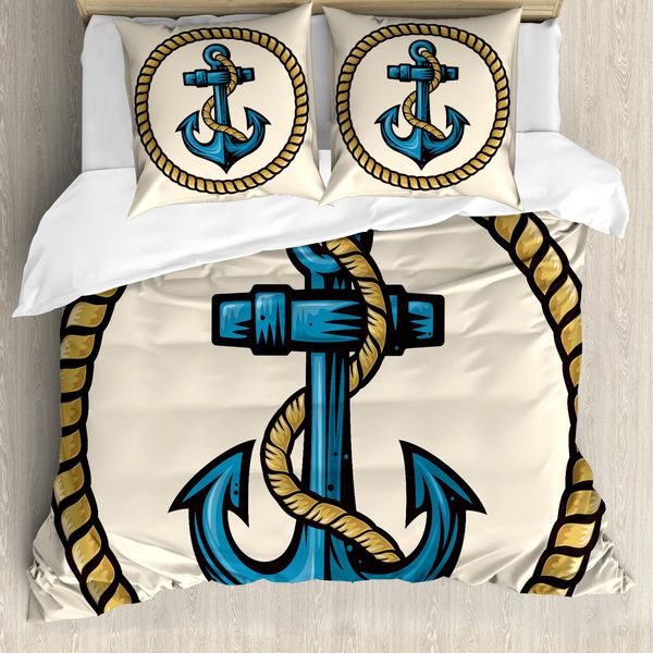 Abakuhaus Copripiumino Anker, Emblema Marinaro Con Corda, Antiacaro, Adatto A Chi Soffre Di Allergie, Con Federe, 155 Cm X 220 Cm - 80 X 80 Cm, Pale Coffee-Blu-Crema-image