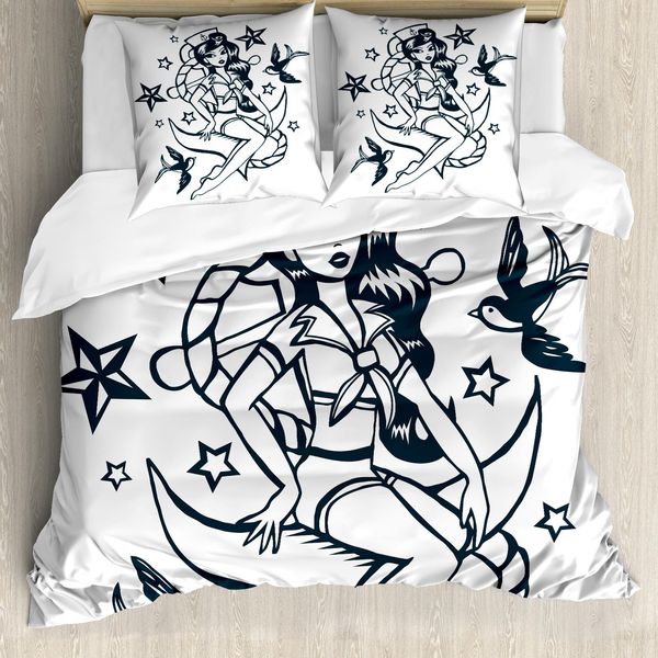 Abakuhaus Copripiumino Anker, Pin-Up Girl Marinaio, Antiacaro Adatto A Chi Soffre Di Allergie Con Federe, 155 Cm X 220 Cm - 80 X 80 Cm, Verde Acqua E Bianco-image
