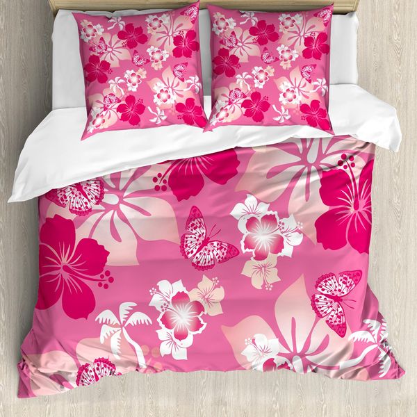 Abakuhaus Luau Copripiumino, Hibiscus Rosa Farfalle, Antiacaro Adatto A Chi Soffre Di Allergie Con Federe, 200 Cm X 200 Cm - 80 X 80 Cm, Rosa Pallido Pesca-Bianco-image