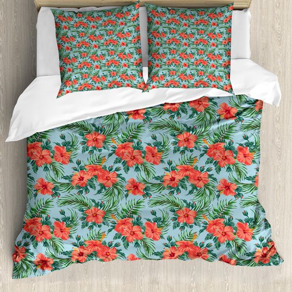 Abakuhaus Luau Copripiumino, Estate Aloha Flourish, Antiacaro Adatto A Chi Soffre Di Allergie Con Federe, 200 Cm X 200 Cm - 80 X 80 Cm, Vermilion Azzurro Pallido-image