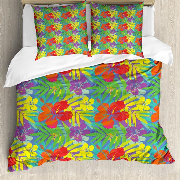 Abakuhaus Luau Copripiumino, Sintesi Vibrant Hibiscus, Antiacaro Adatto A Chi Soffre Di Allergie Con Federe, 155 Cm X 220 Cm - 80 X 80 Cm, Multicolore-image