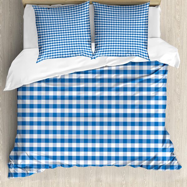 Abakuhaus Copripiumino A Quadri, Gingham Monochrome, Antiacaro, Adatto A Chi Soffre Di Allergie, Con Federe, 155 Cm X 220 Cm - 80 X 80 Cm, Blu E Bianco-image