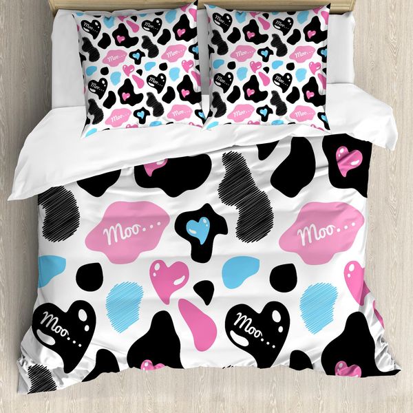 Abakuhaus Copripiumino Con Stampa Mucca, Cuore In Pelle Di Mucca, Antiacaro, Adatto A Chi Soffre Di Allergie, Con Federe, 200 Cm X 200 Cm - 80 X 80 Cm, Rosa Pallido, Nero, Bianco-image
