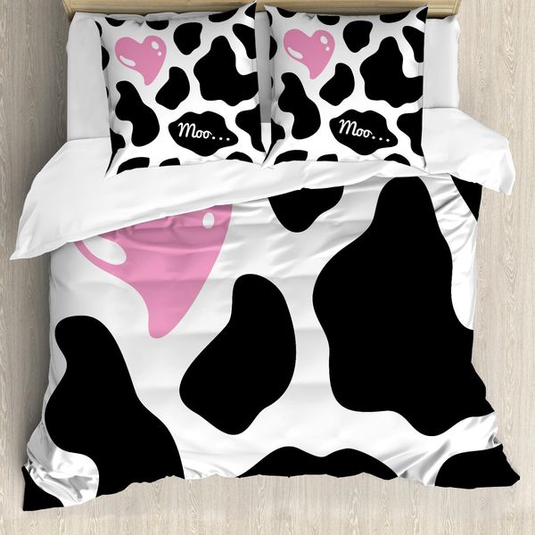 Abakuhaus Copripiumino Con Stampa Mucca, Motivo Mimetico, Antiacaro, Adatto A Chi Soffre Di Allergie, Con Federe, 155 Cm X 220 Cm - 80 X 80 Cm, Rosa-Nero-Bianco-image
