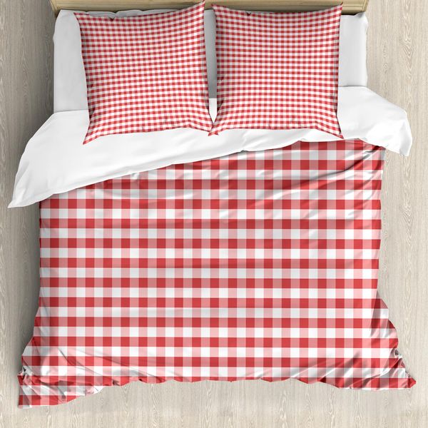 Abakuhaus Copripiumino A Quadri, Tradizionale Gingham, Antiacaro, Adatto A Chi Soffre Di Allergie, Con Federe, 155 Cm X 220 Cm - 80 X 80 Cm, Bianco Corallo-image
