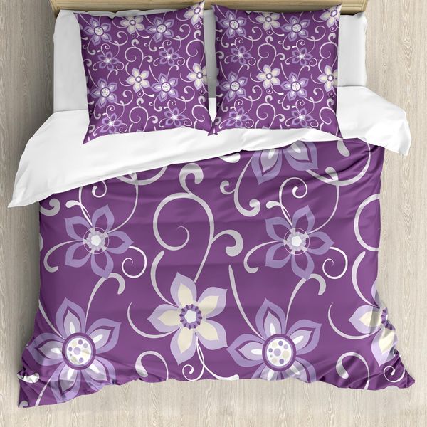 Abakuhaus Copripiumino Aubergine, Lilla Con Foglie, Antiacaro, Adatto A Chi Soffre Di Allergie, Con Federe, 155 Cm X 220 Cm - 80 X 80 Cm, Viola Bianco-image
