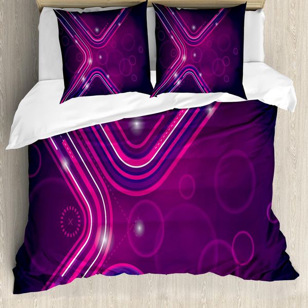 Abakuhaus Copripiumino Aubergine, Linee E Cerchi Viola, Antiacaro, Adatto A Chi Soffre Di Allergie, Con Federe, 155 Cm X 220 Cm - 80 X 80 Cm, Viola-Rosa-image