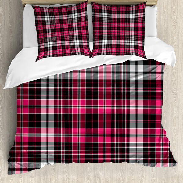 Abakuhaus Copripiumino A Quadri, Geometrico Old Tartan, Antiacaro, Adatto A Chi Soffre Di Allergie, Con Federe, 200 Cm X 200 Cm - 80 X 80 Cm, Rosa-Nero-Bianco-image