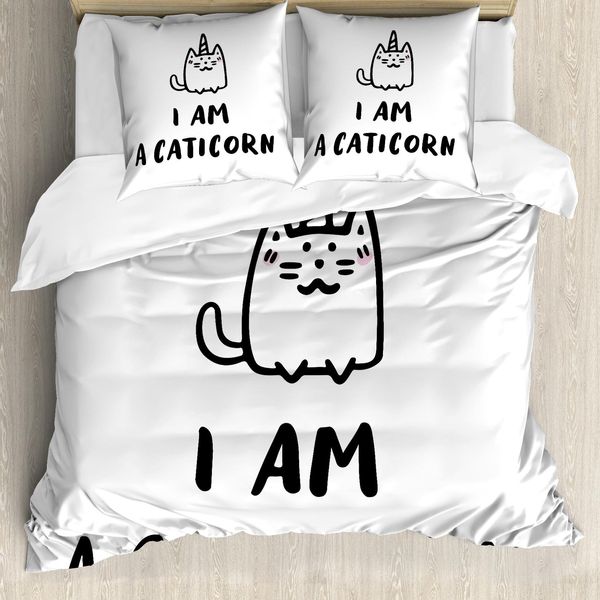 Abakuhaus Copripiumino Unicorno Gatto, Scrittura Divertente, Antiacaro, Adatto A Chi Soffre Di Allergie, Con Federe, 200 Cm X 200 Cm - 80 X 80 Cm, Bianco E Nero-image