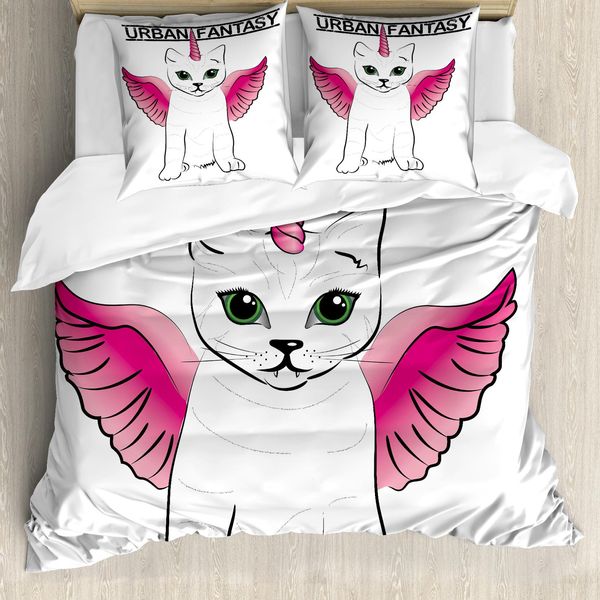 Abakuhaus Copripiumino Unicorno Gatto, Arte Fantastica Urbana, Antiacaro, Adatto A Chi Soffre Di Allergie, Con Federe, 200 Cm X 200 Cm - 80 X 80 Cm, Rosa Nero-image