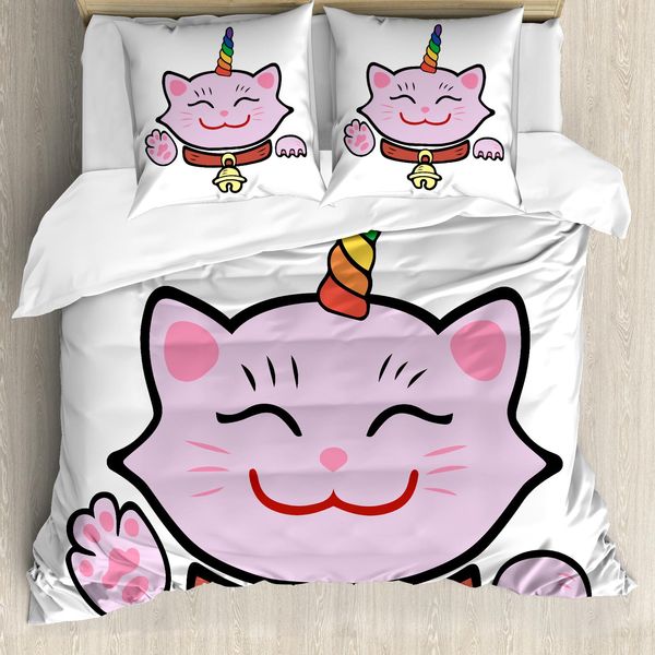 Abakuhaus Copripiumino Unicorno Gatto, Rosa Maneki Neko, Antiacaro Adatto A Chi Soffre Di Allergie Con Federe, 200 Cm X 200 Cm - 80 X 80 Cm, Multicolore-image