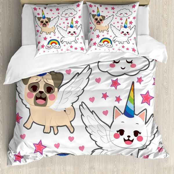 Abakuhaus Copripiumino Unicorno Gatto, Stile Pop Art Fumetto, Antiacaro, Adatto A Chi Soffre Di Allergie, Con Federe, 155 Cm X 220 Cm - 80 X 80 Cm, Multicolore-image