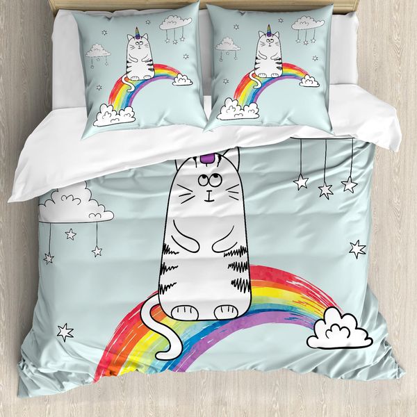 Abakuhaus Copripiumino Unicorno Gatto, Arte Parole Arcobaleno, Antiacaro Adatto A Chi Soffre Di Allergie Con Federe, 200 Cm X 200 Cm - 80 X 80 Cm, Multicolore-image