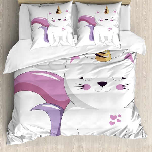 Abakuhaus Copripiumino Unicorno-Gatto, Personaggio Fantastico, Antiacaro, Adatto A Chi Soffre Di Allergie, Con Federe, 200 Cm X 200 Cm - 80 X 80 Cm, Rosa Pallido, Arancione, Lilla-image