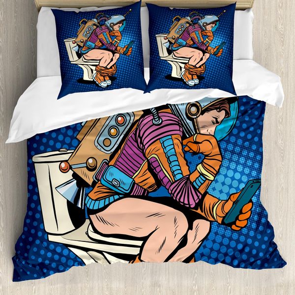 Abakuhaus Set Copripiumino Astronaut Per Letti Matrimoniali, Uomo Pensieroso-Spazio, Antiacaro Adatto A Chi Soffre Di Allergie Con Federe, Multicolore Blu Scuro-image