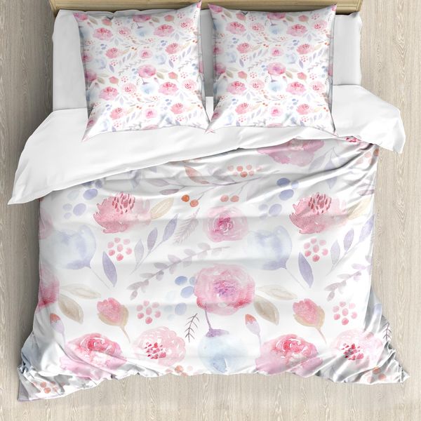 Abakuhaus Copripiumino Acquerellato, Delicati Boccioli Primaverili, Antiacaro, Adatto A Chi Soffre Di Allergie, Con Federe, 200 Cm X 200 Cm - 80 X 80 Cm, Rosa Pallido E Azzurro-image