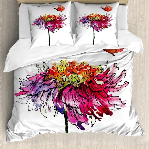 Abakuhaus Copripiumino Acquerello, Fiori Di Crisantemo, Antiacaro, Adatto A Chi Soffre Di Allergie, Con Federe, 155 Cm X 220 Cm - 80 X 80 Cm, Multicolore-image