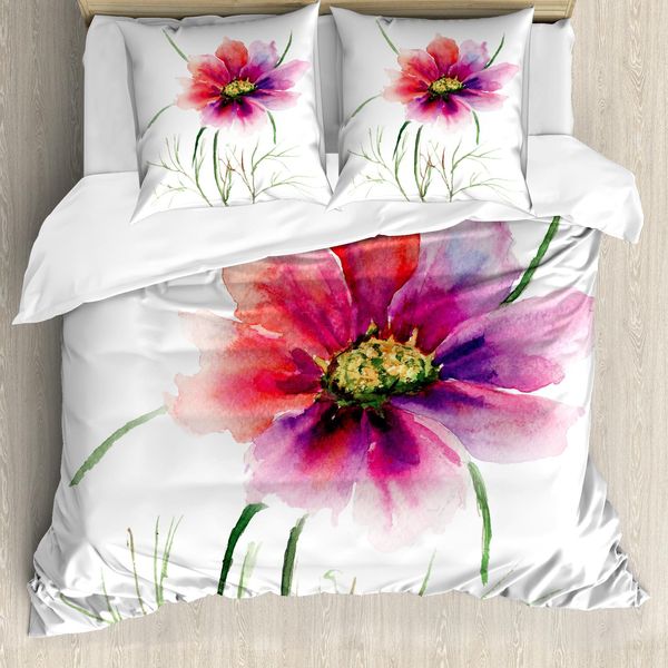 Abakuhaus Copripiumino Acquerello, Motivo Floreale, Antiacaro, Adatto A Chi Soffre Di Allergie, Con Federe, 200 Cm X 200 Cm - 80 X 80 Cm, Fucsia Rosso Verde Scuro-image
