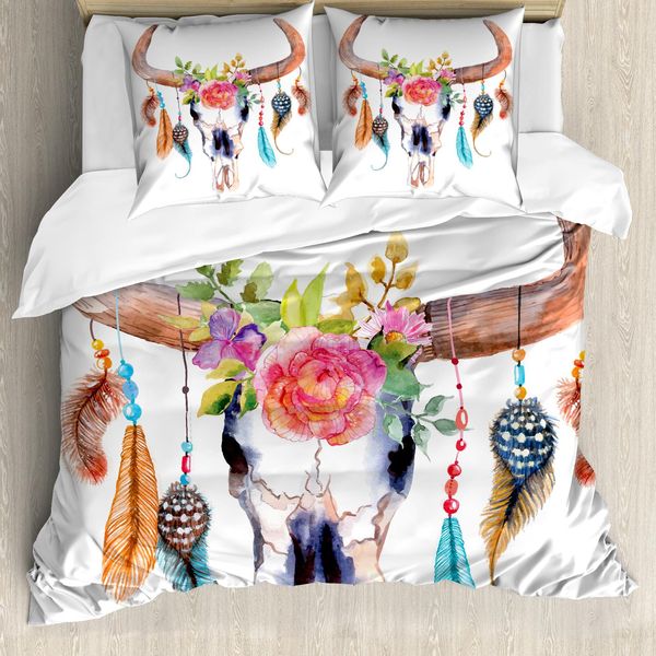 Abakuhaus Copripiumino Acquerello, Teschio Di Toro, Motivo Boho, Antiacaro, Adatto A Chi Soffre Di Allergie, Con Federe, 155 Cm X 220 Cm - 80 X 80 Cm, Multicolore-image
