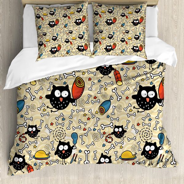 Abakuhaus Copripiumino Per Asilo Nido, Gufi Affamati Che Mangiano, Antiacaro, Adatto A Chi Soffre Di Allergie, Con Federe, 200 Cm X 200 Cm - 80 X 80 Cm, Nero Multicolore-image